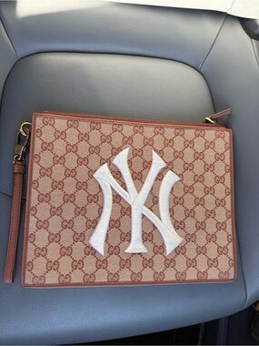 Gucci Tan & Beige GG Canvas Wristlet with Gold Hardware